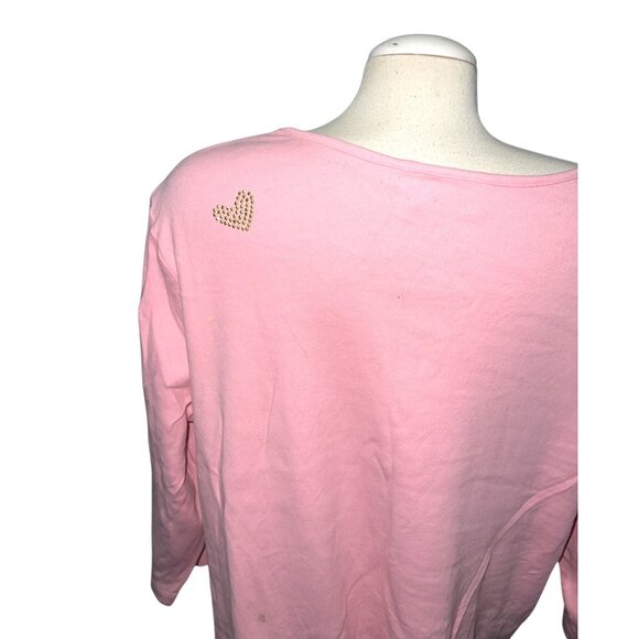 Quacker Factory Pink 2X Womens Rhinestone Heart Embellished Cotton Scoop Neck 3/ - Picture 3 of 9